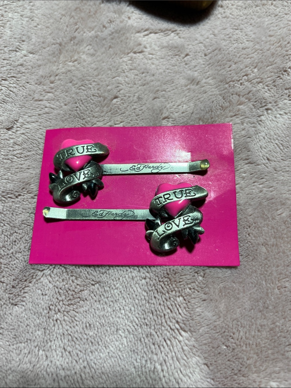 Ed Hardy Pink & Silver 'True Love' Heart Bobby Pins